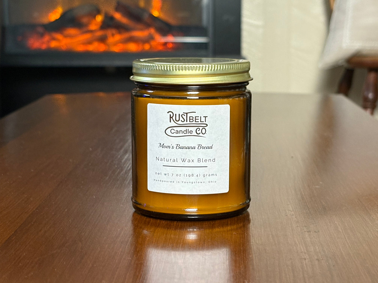 Mom's Banan Bread Scented Candle - White Wax In Amber Jar.