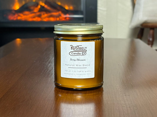 Berry Blossom Scented Candle - White Wax In Amber Jar.
