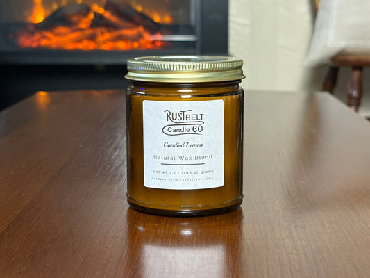 Candied Lemon Scented Candle. White Wax In Amber Jar.