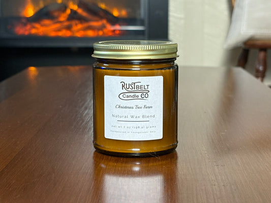 Christmas Tree Farm Scented Candle - White Wax In Amber Jar.