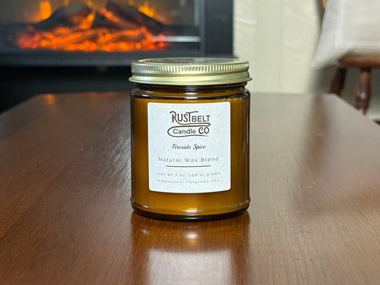 Fireside Spice Scented Candle - White Wax In Amber Jar.