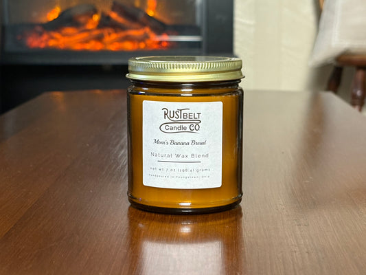 Mom's Banan Bread Scented Candle - White Wax In Amber Jar.
