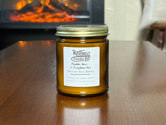 Pumpkin Spice... & Everything Nice Scented Candle - White Wax In Amber Jar.