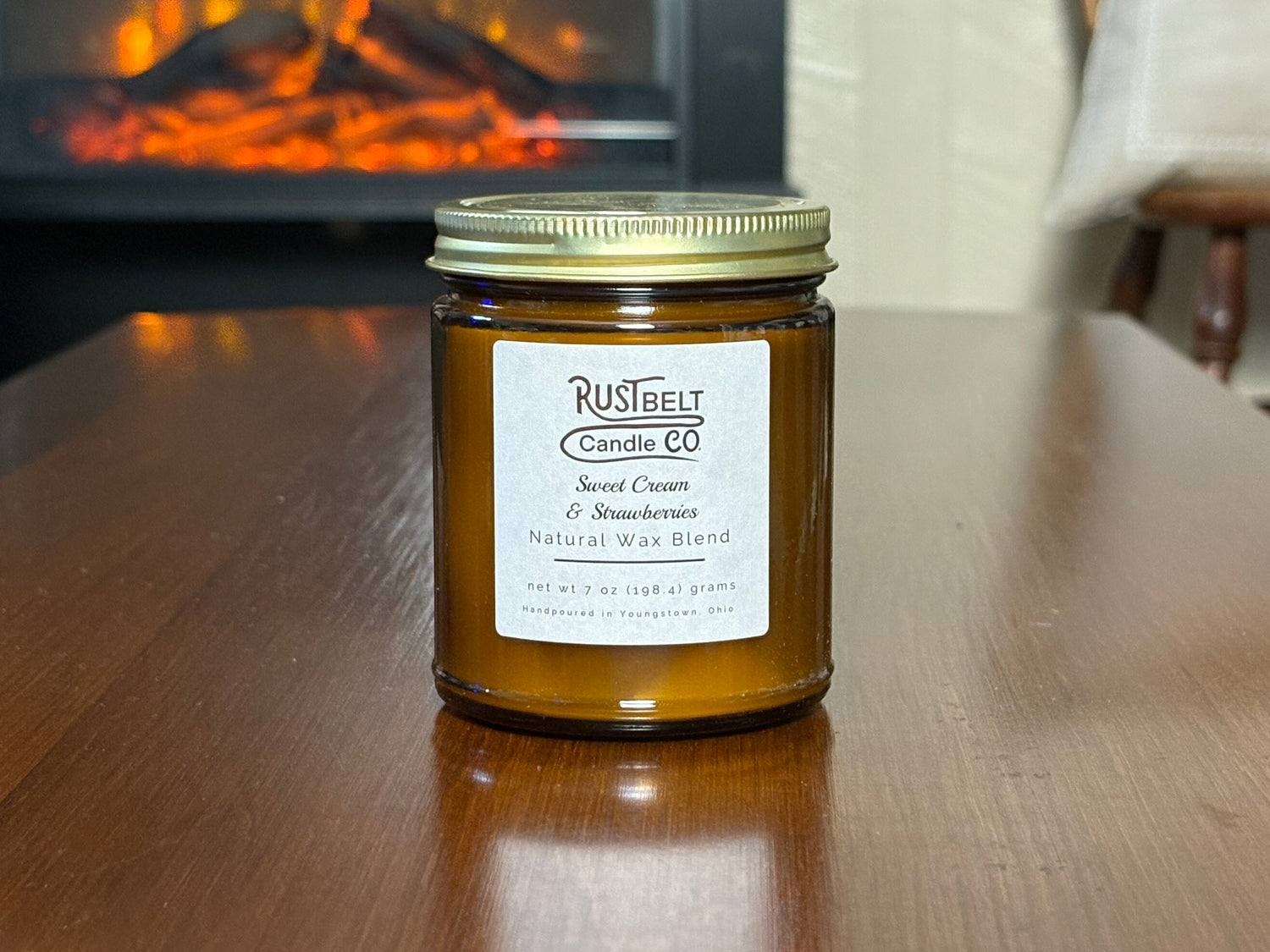 Sweet Cream & Strawberries Scented Candle. White Wax In Amber Jar.